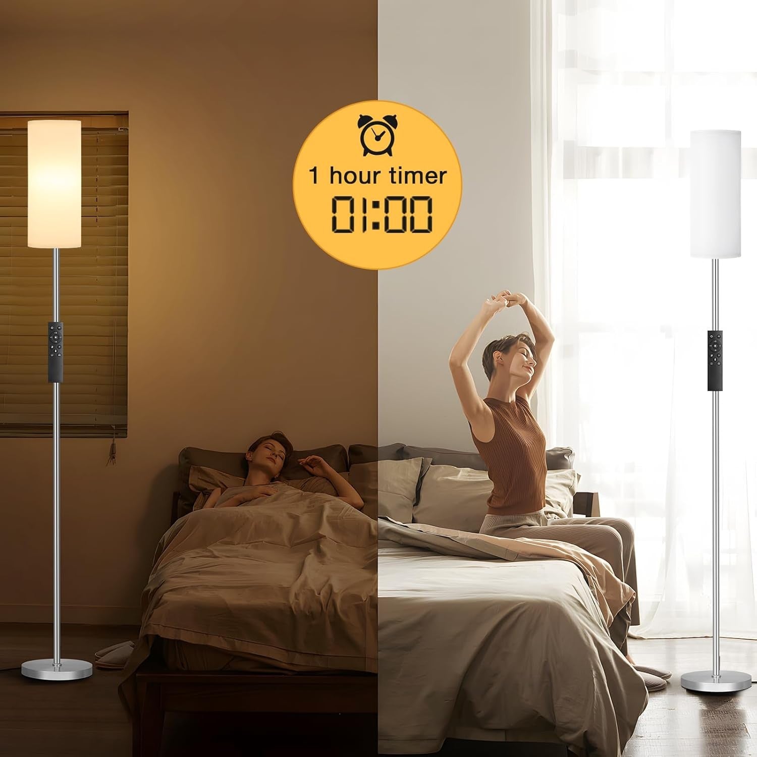 Modern Floor Lamp 64 Inch Standing Light White Shade Silver Pole Living Room