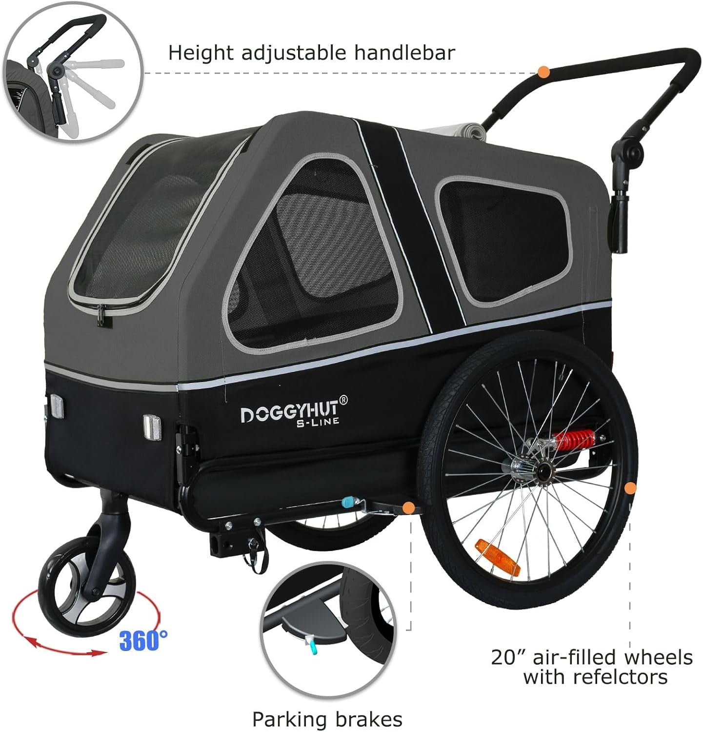 Dog Bike Trailer Stroller 45kg Heavy Duty Folding Cart Grey Black Suspension