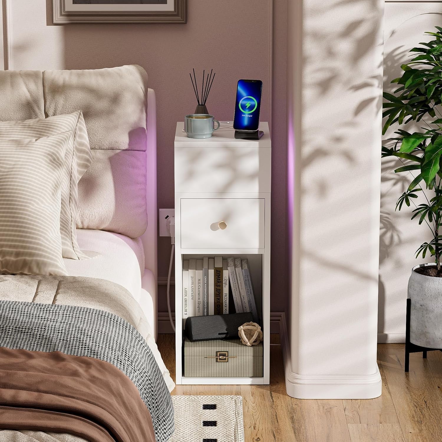 Slim White Bedside Table with RGB Lights & Charging Station | Modern Nightstand