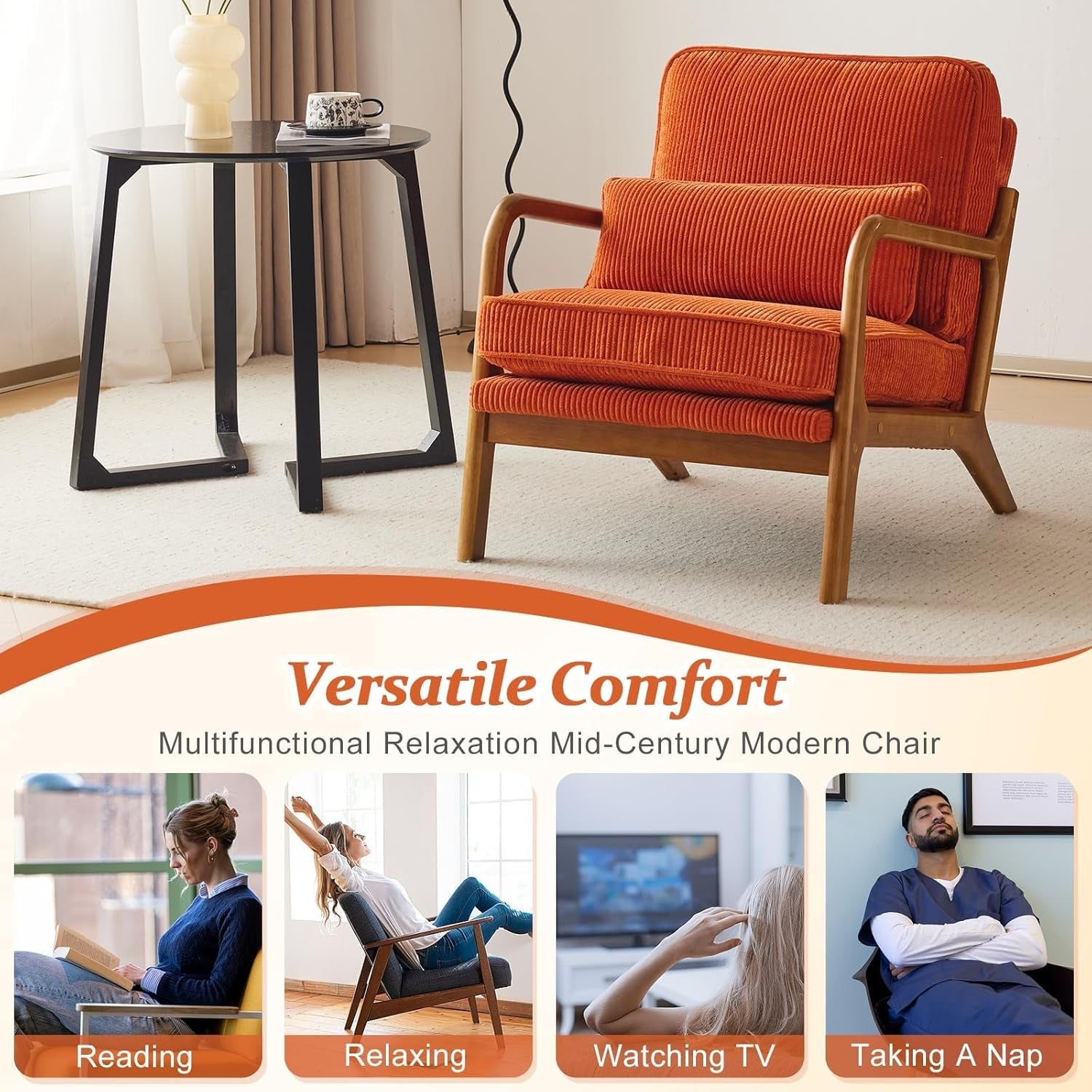 Orange Corduroy Accent Armchair Solid Wood Lounge Chair w Cushion