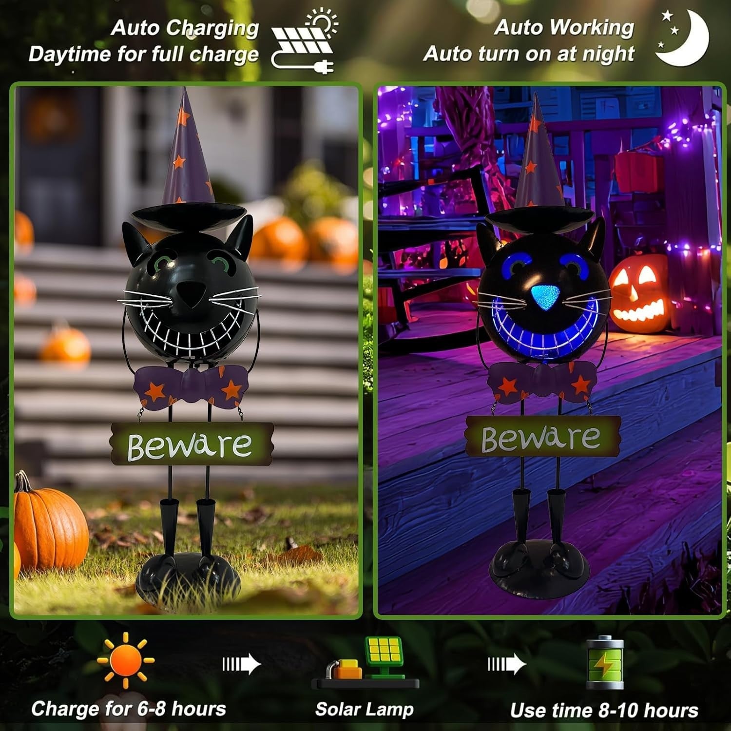 Solar Halloween Cat 60cm Metal LED Light-Up Statue Outdoor Spooky Yard Decor