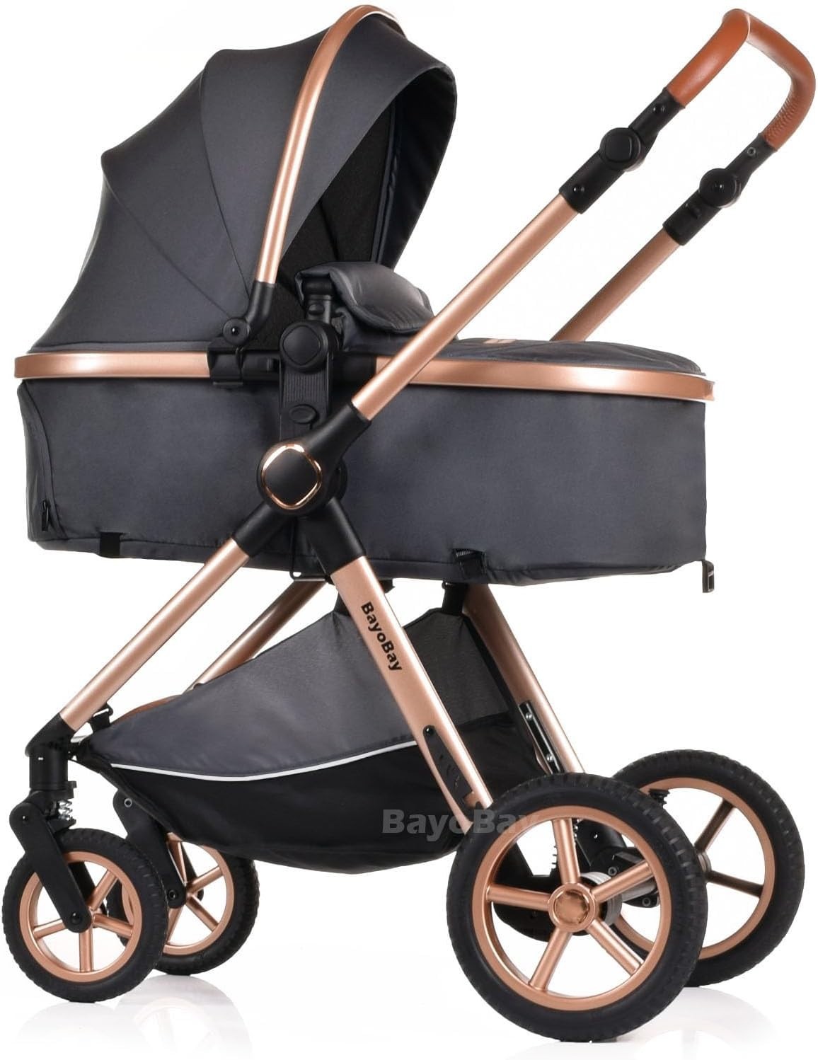 3in1 Baby Pram Travel System Pushchair with Car Seat Foldable Grey Gold