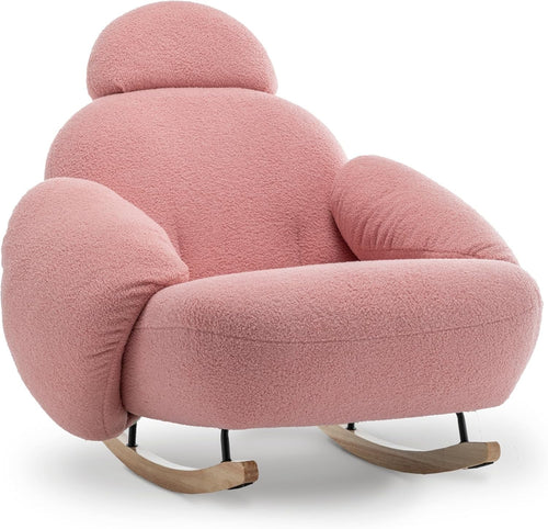 Pink Boucle Rocking Chair with Solid Wood Rockers & Plush Head Support