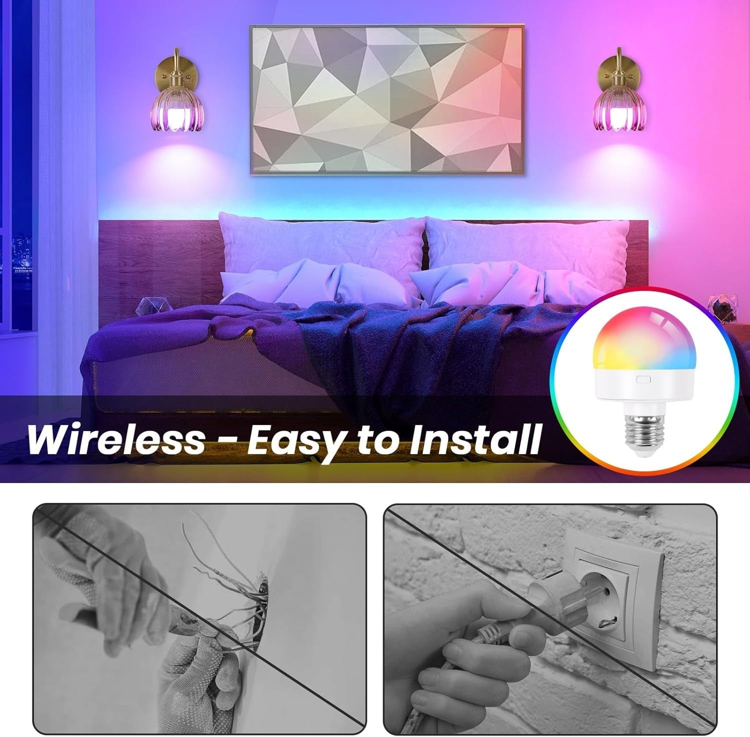 Rechargeable Battery Wall Lights 15 Colors Remote Amber Glass 2-Pack