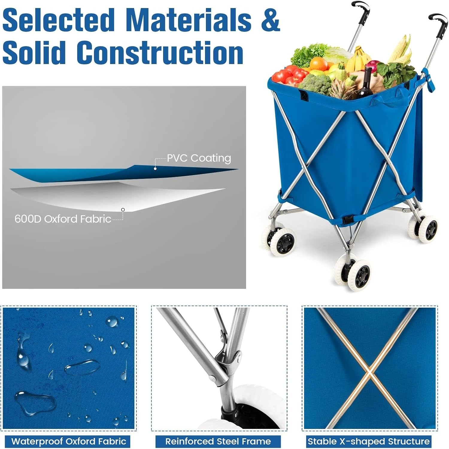 Extra Large 90L 8-Wheel Folding Shopping Trolley Cart Blue