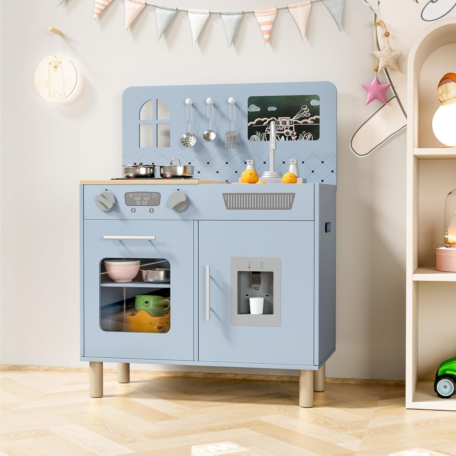 Kids Wooden Play Kitchen w/ Lights Sounds Chalkboard Blue Toy Set