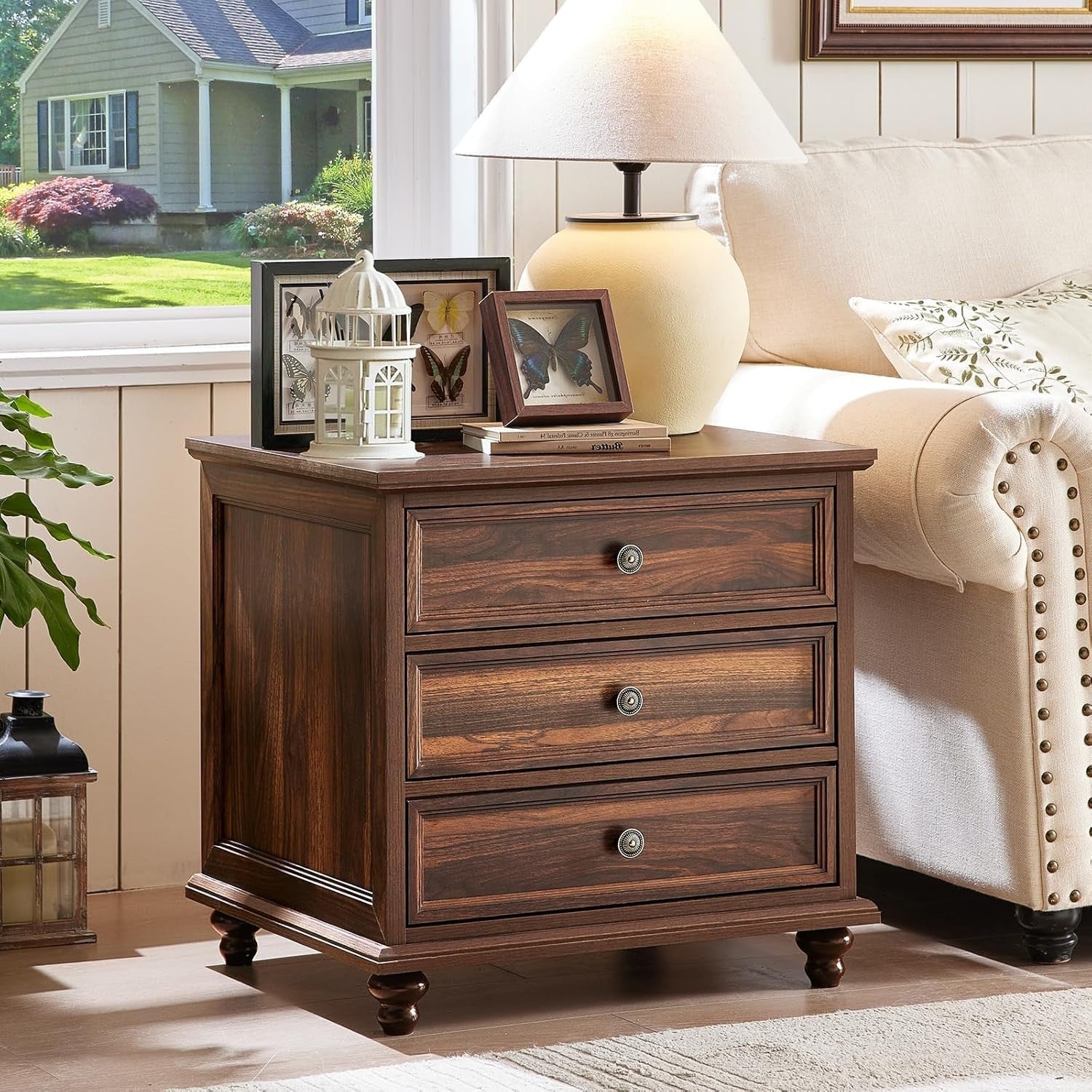 Brown Wooden Bedside Table with Drawers – Rustic Farmhouse Nightstand