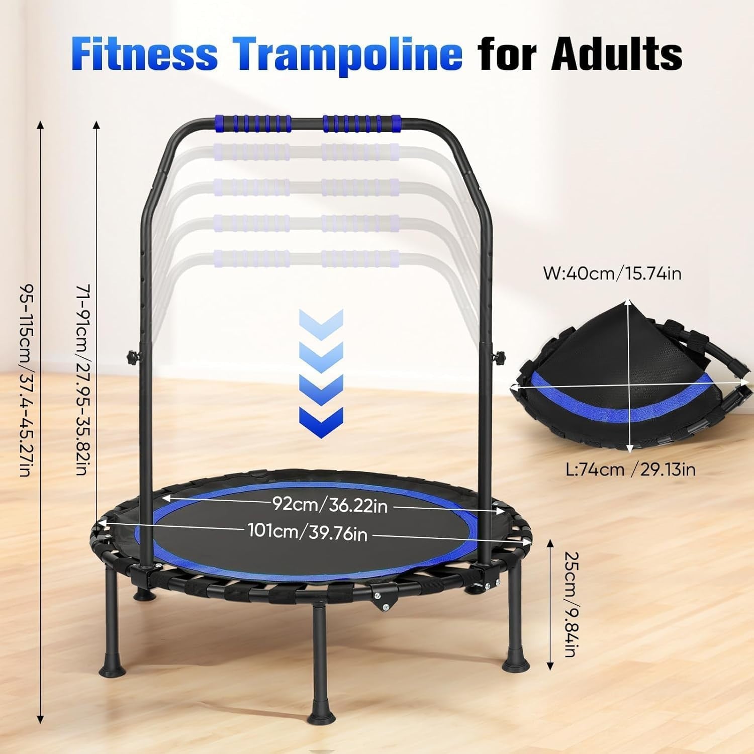 Foldable Exercise Trampoline w Handle Quiet Rebounder 150kg Space Saving