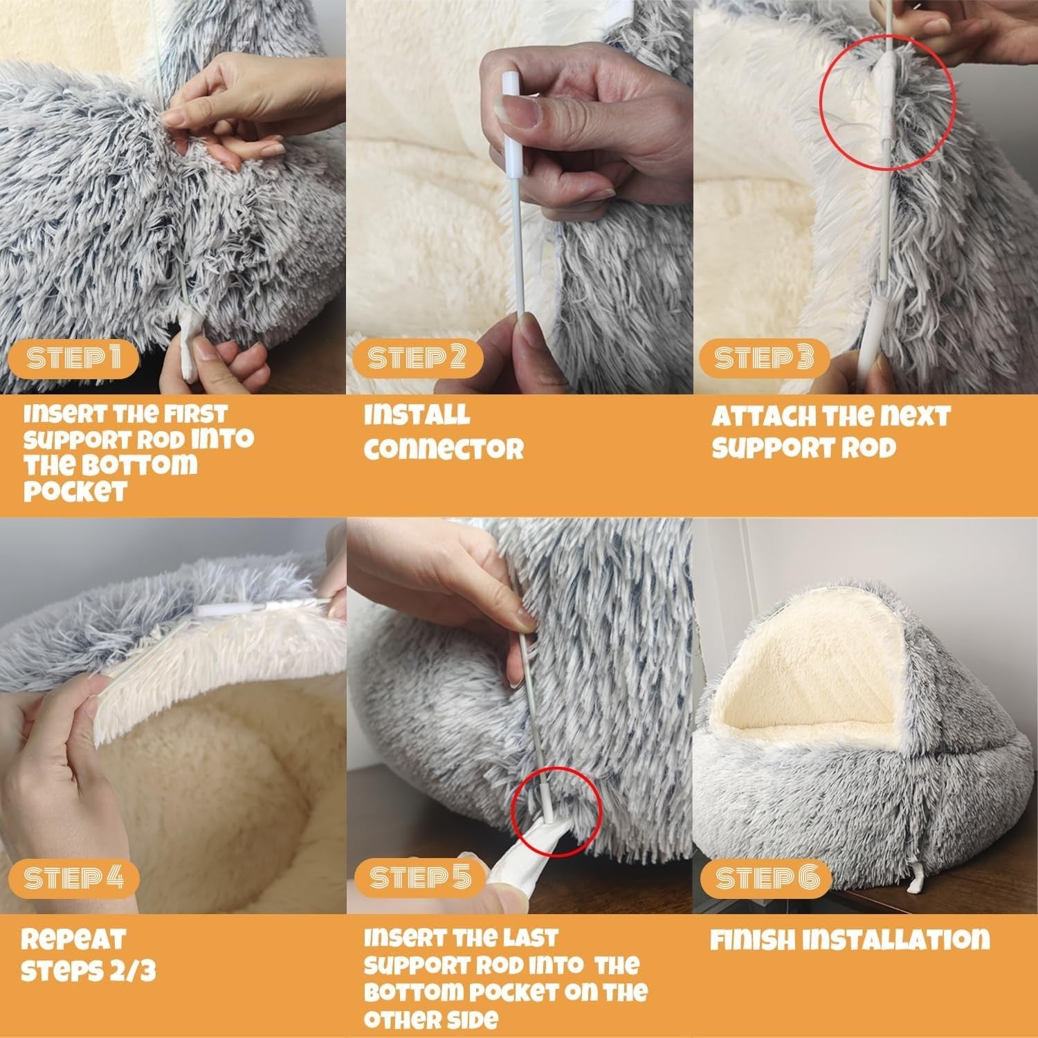 Fluffy Calming Dog Cave Bed 60x60x40cm Hooded Washable