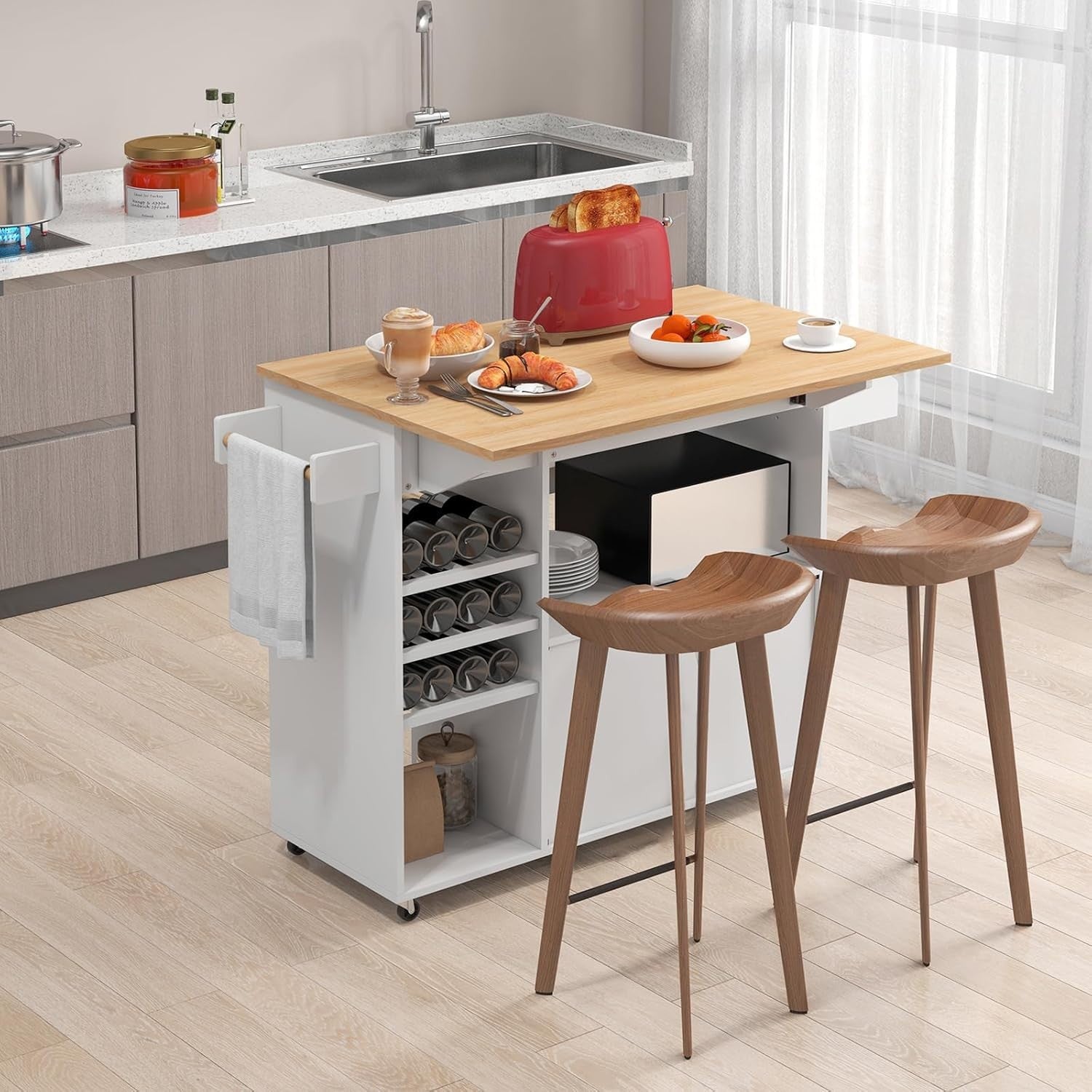 Rolling Kitchen Island Cart with Drop Leaf, Wine Rack & Adjustable Shelves
