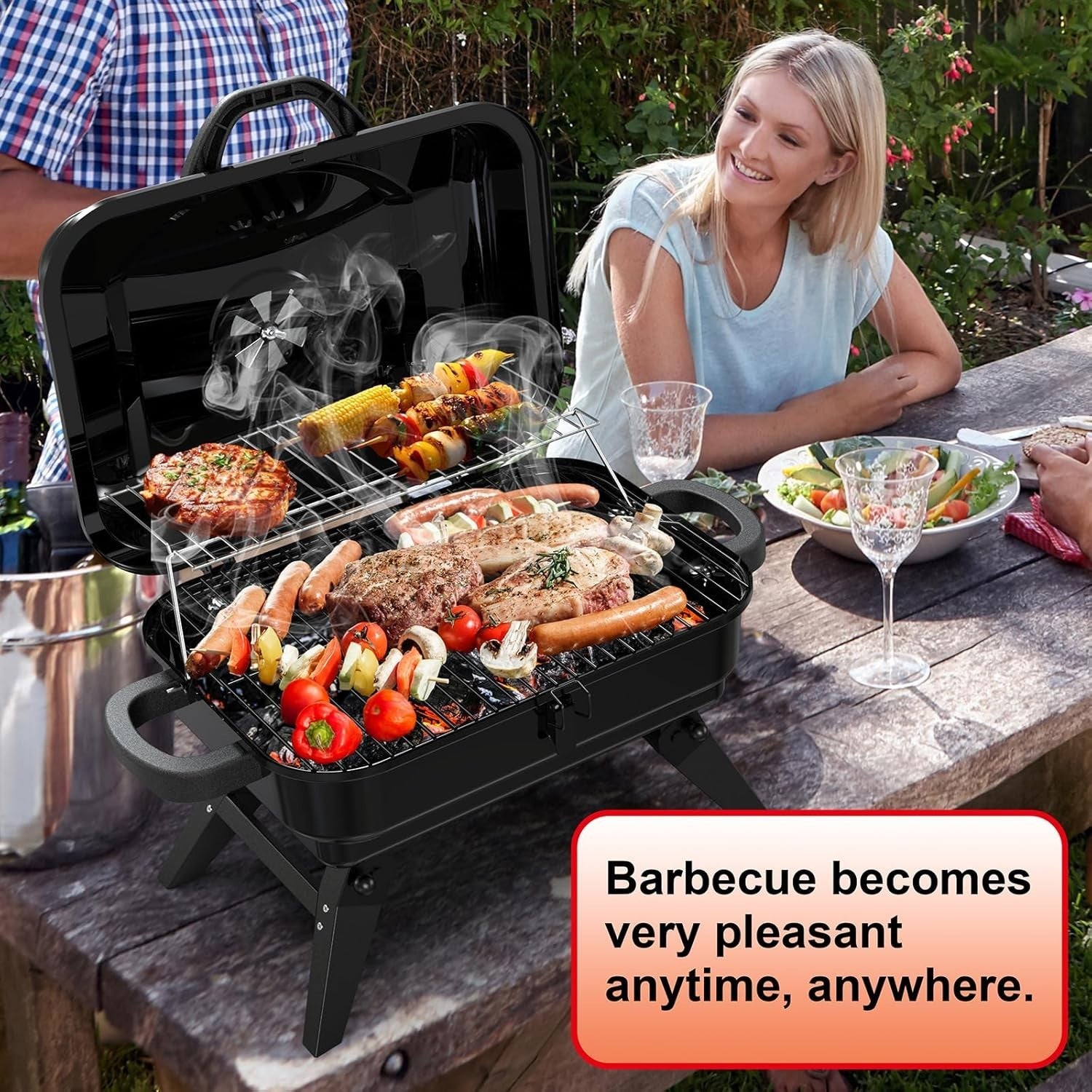 Portable Charcoal BBQ Grill with Warming Rack, Folding Legs, Vent Control