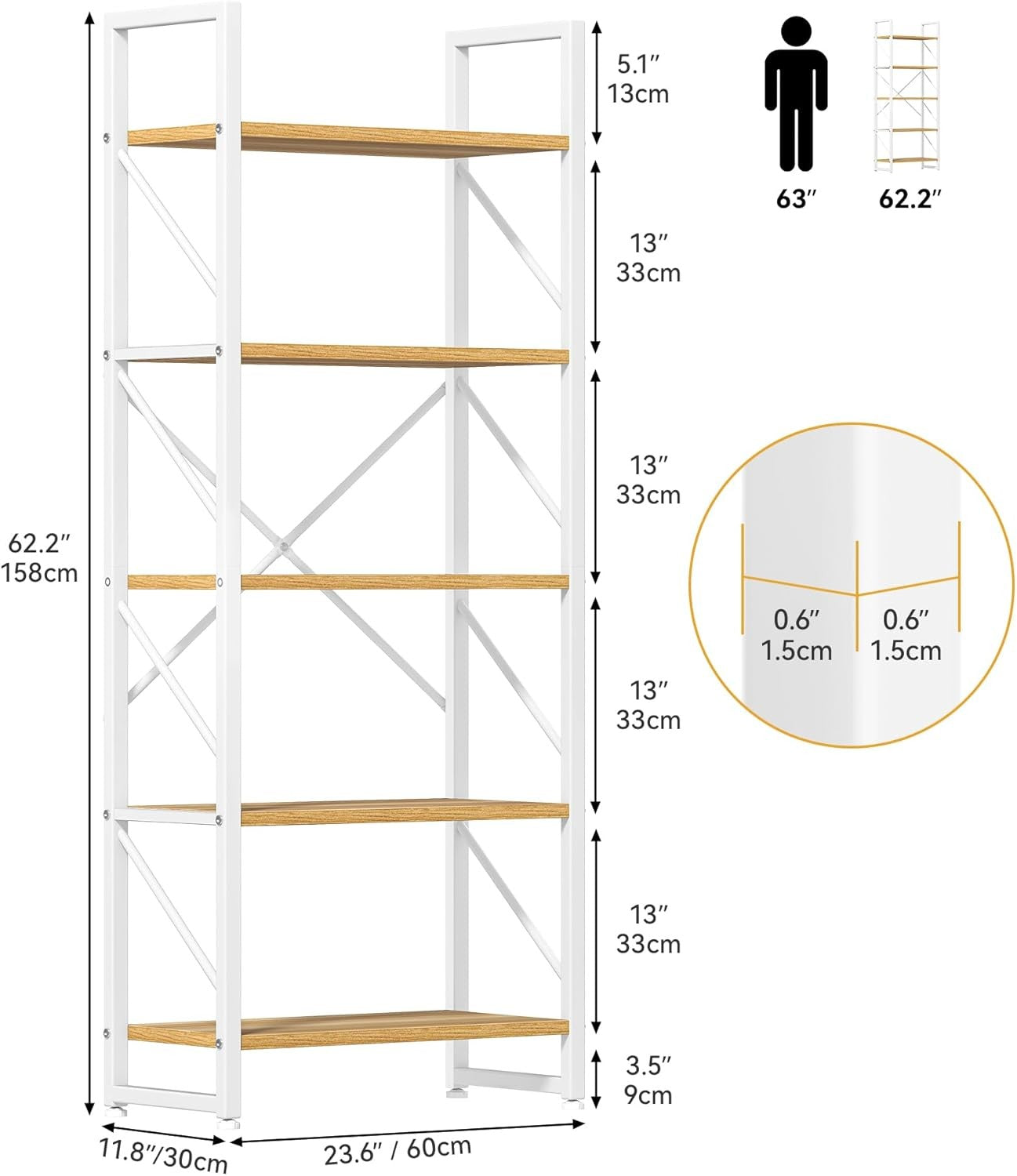 White & Oak 5-Tier Industrial Bookshelf Metal Frame Tall Storage Shelving Unit