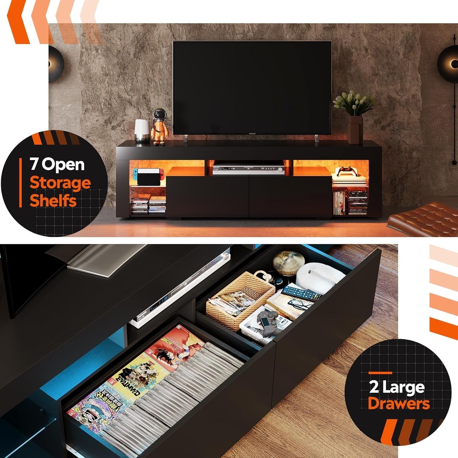 160cm White TV Unit Stand with RGB, Storage Drawers & Shelves, 75" Fit - Black