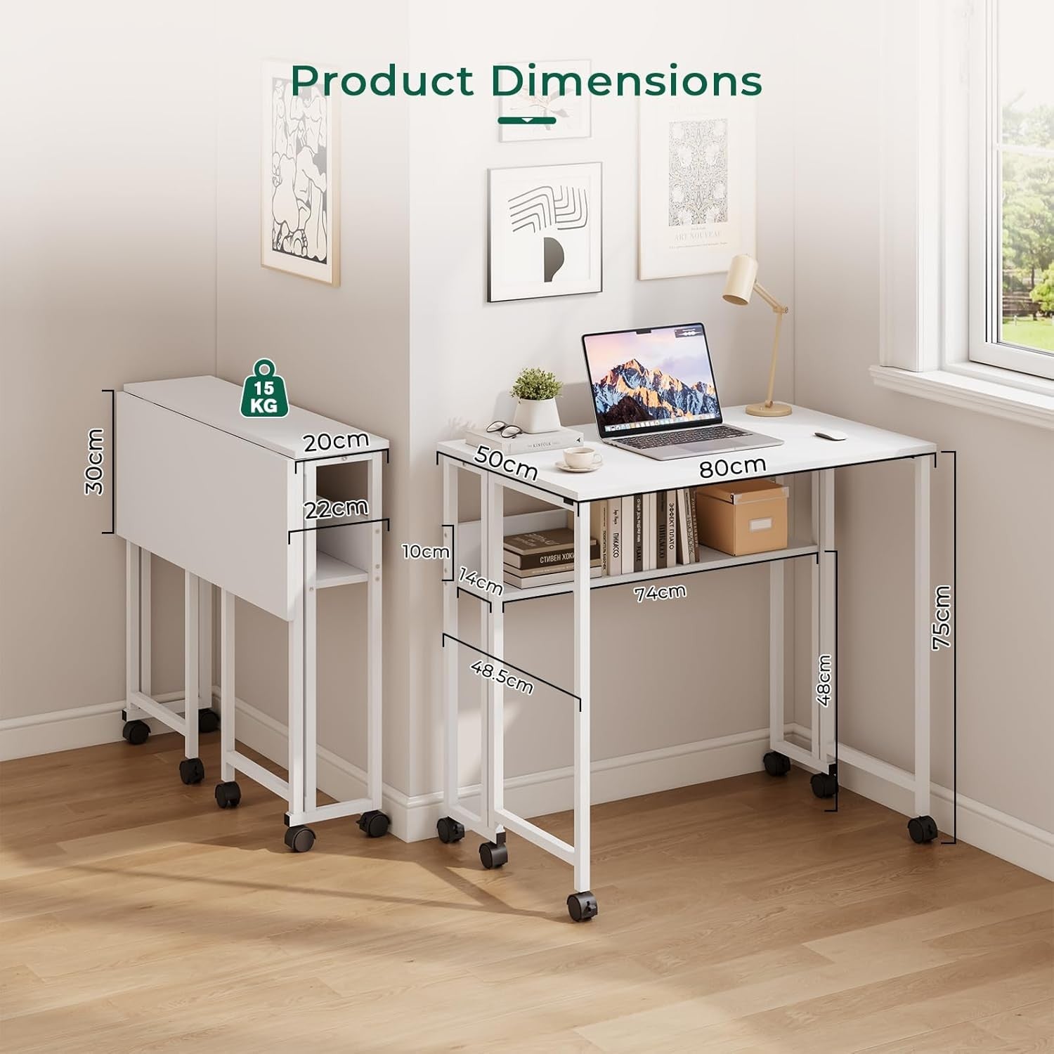 Folding Computer Desk Rolling Laptop Table with Storage Shelf Wheels White