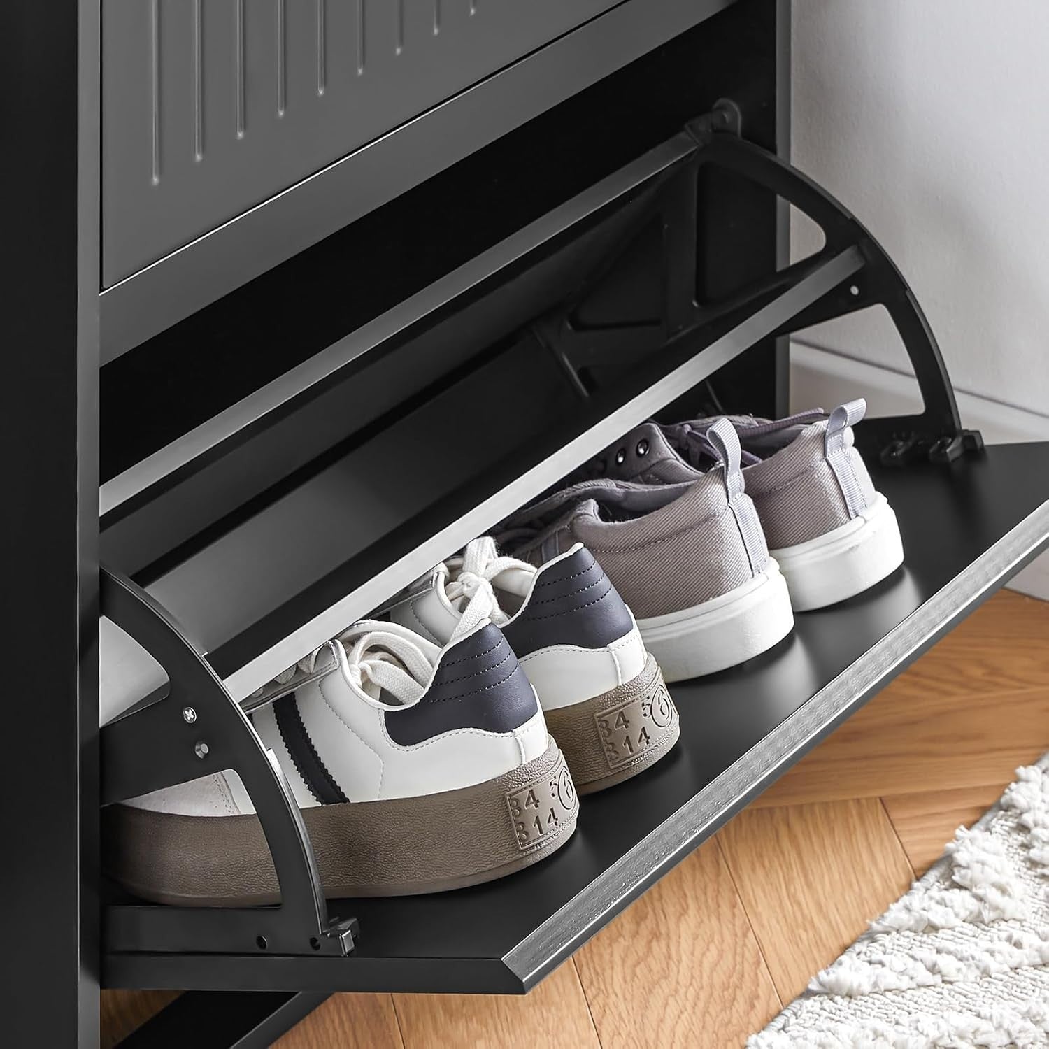 Slim Black Shoe Storage Cabinet 2 Flip + 1 Pull-Out Drawer, Space Saver