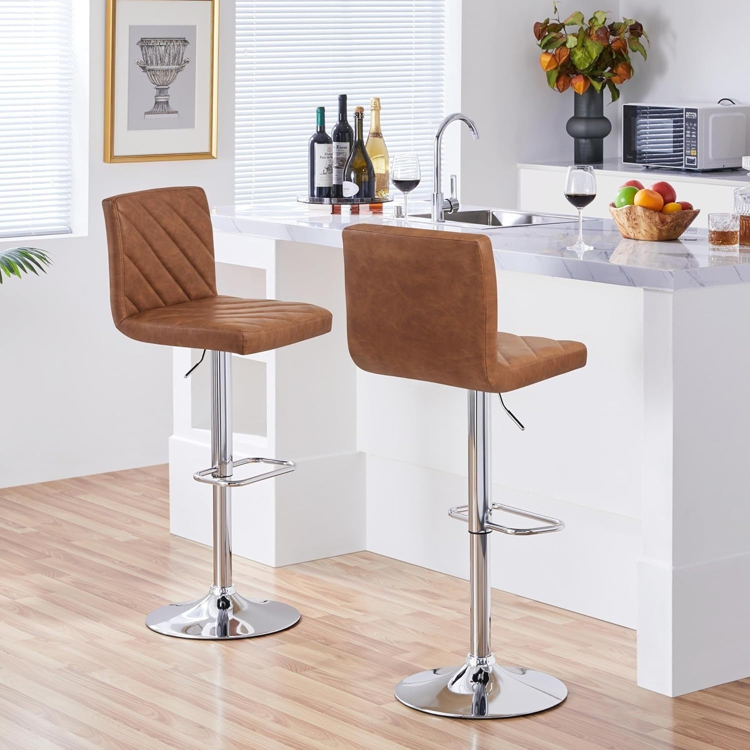 Retro Brown Adjustable Swivel Bar Stools Set of 2 Faux Leather Chairs