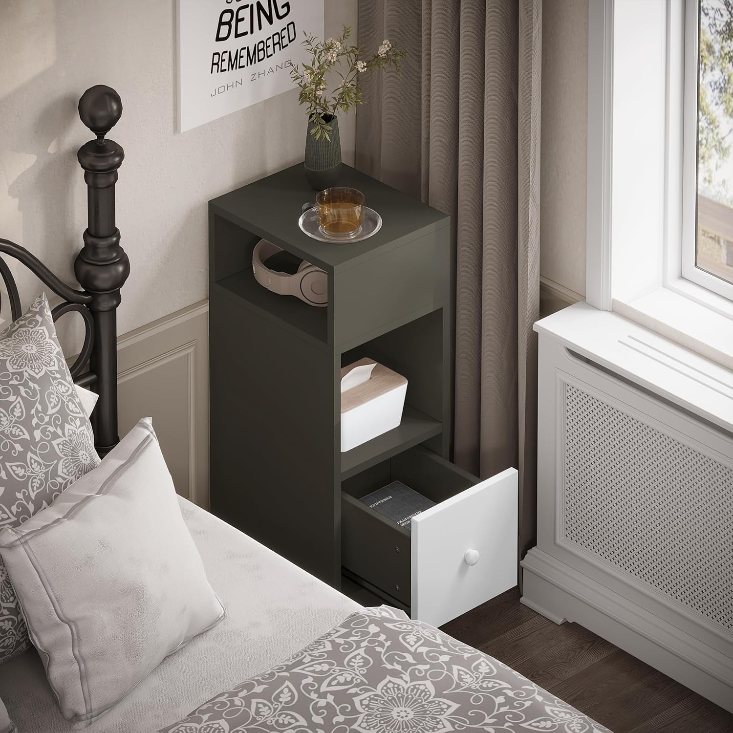 Set of 2 Slim Dark Grey Bedside Tables with Drawer & Open Shelves 25x30x66cm