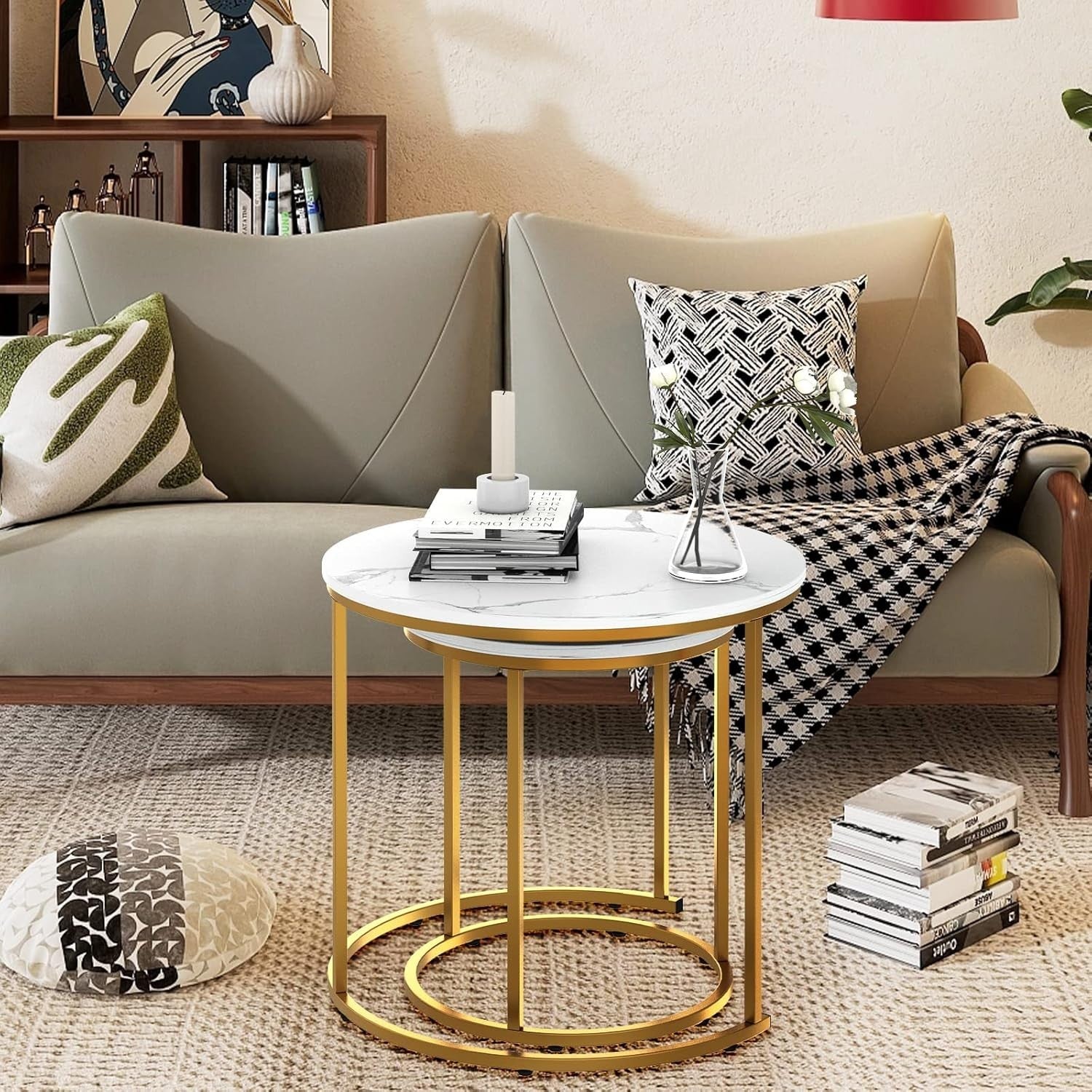 Gold Faux Marble Nesting Coffee Table Set 2 Round End Side Tables Storage