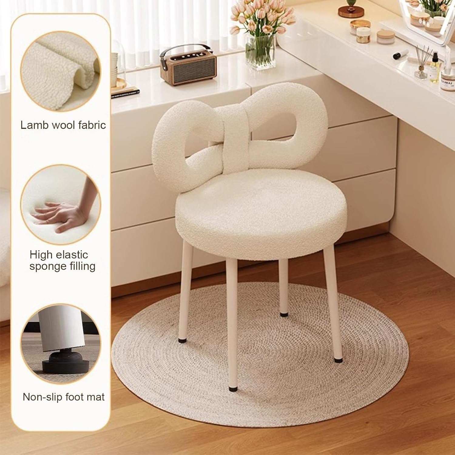White Bowknot Vanity Chair Faux Wool Makeup Stool Adjustable Feet Modern