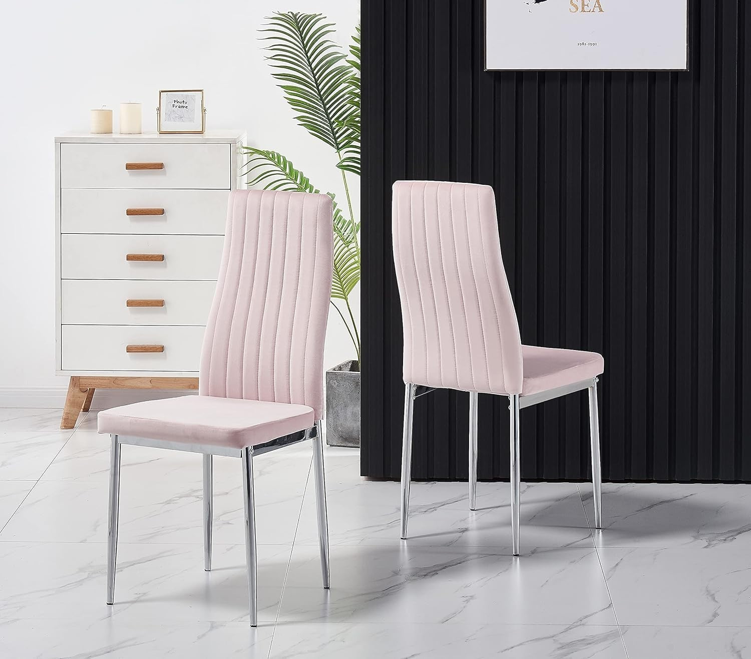 Modern 4-Seater Dining Set with White Gloss Table & Pink Velvet Chairs