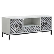 Boho TV Unit White Black Frame Media Console with Geometric Pattern Doors