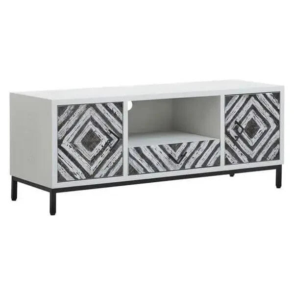 Boho TV Unit White Black Frame Media Console with Geometric Pattern Doors