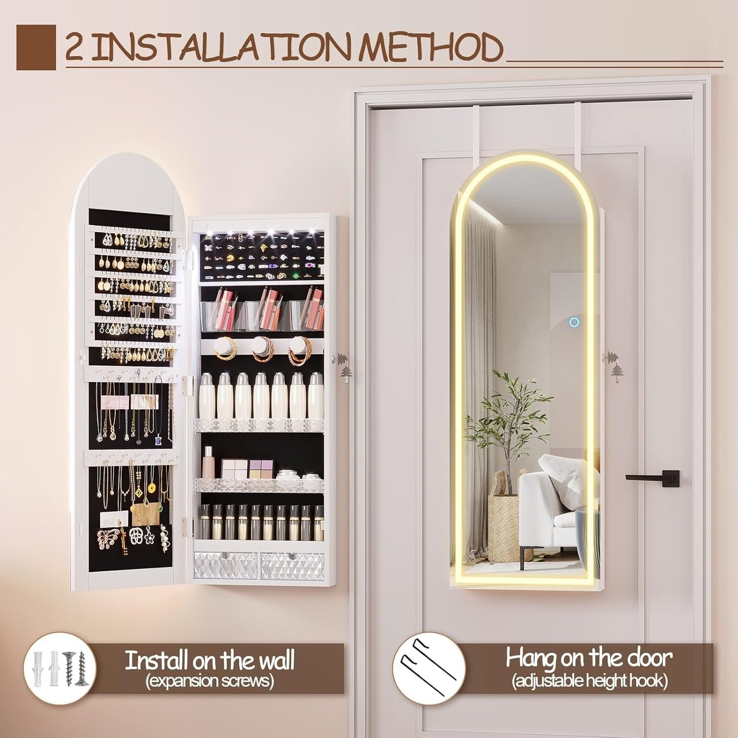 LED Arched Jewelry Armoire Wall or Door Mounted Lockable Mirror White