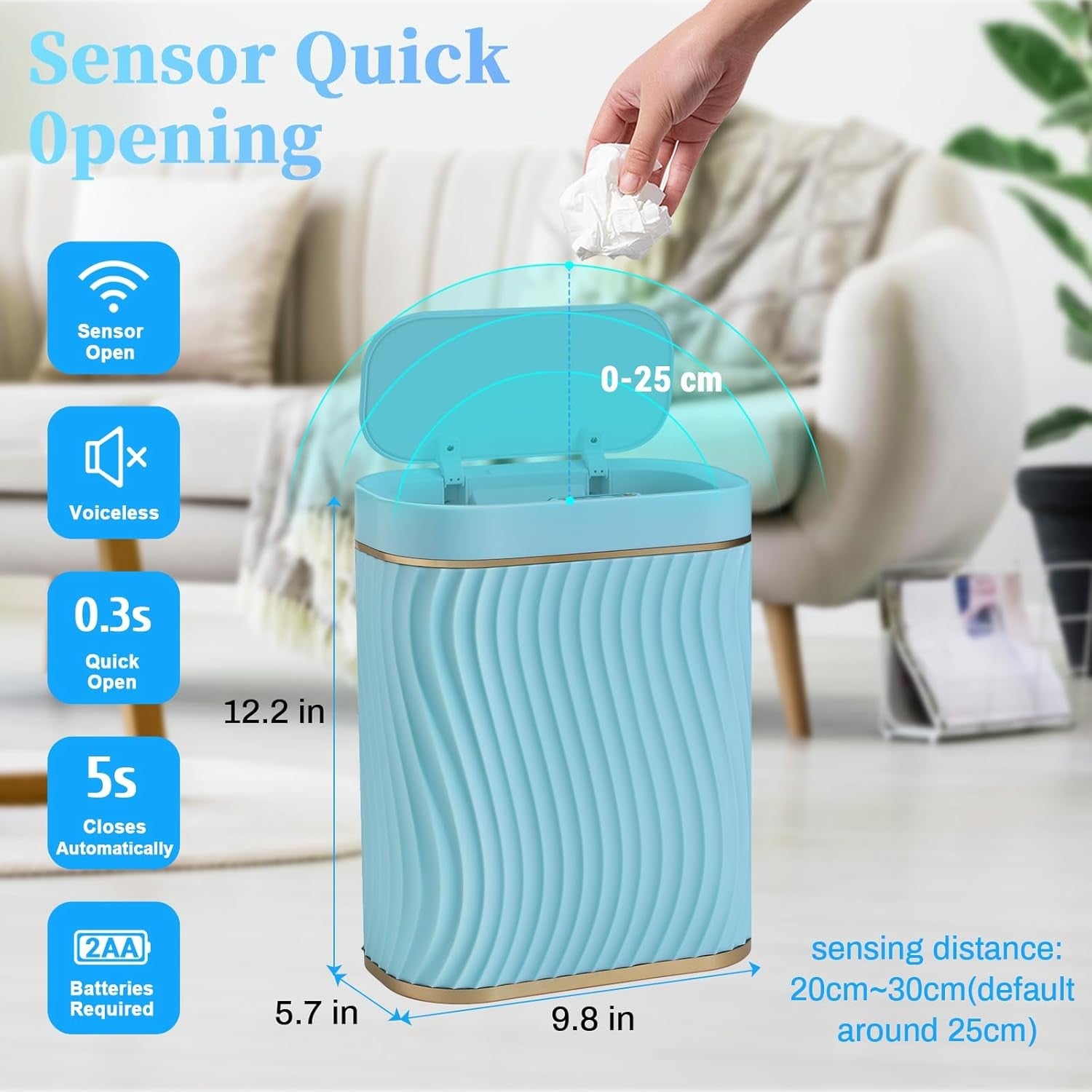 2.6 Gallon Touchless Bathroom Bin Waterproof Slim Smart Trash Blue