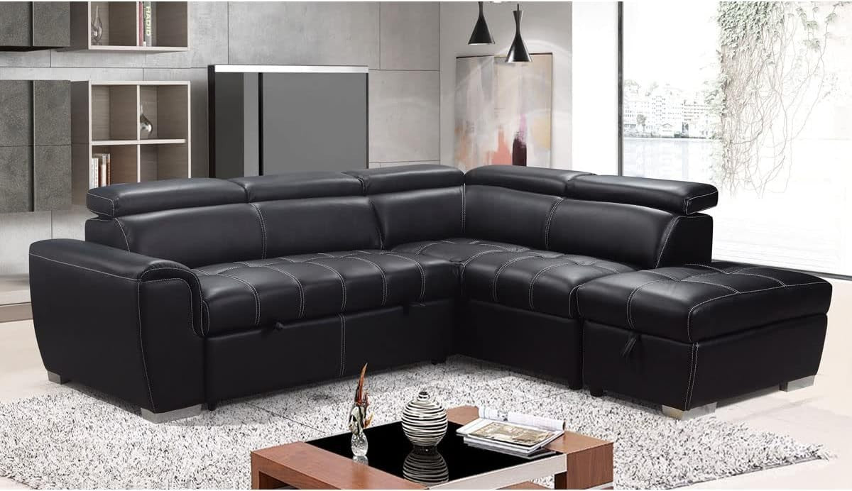 Black Leather Corner Sofa Bed w/ Storage Ottoman – L Shape, Right Hand, 4-5 Seat