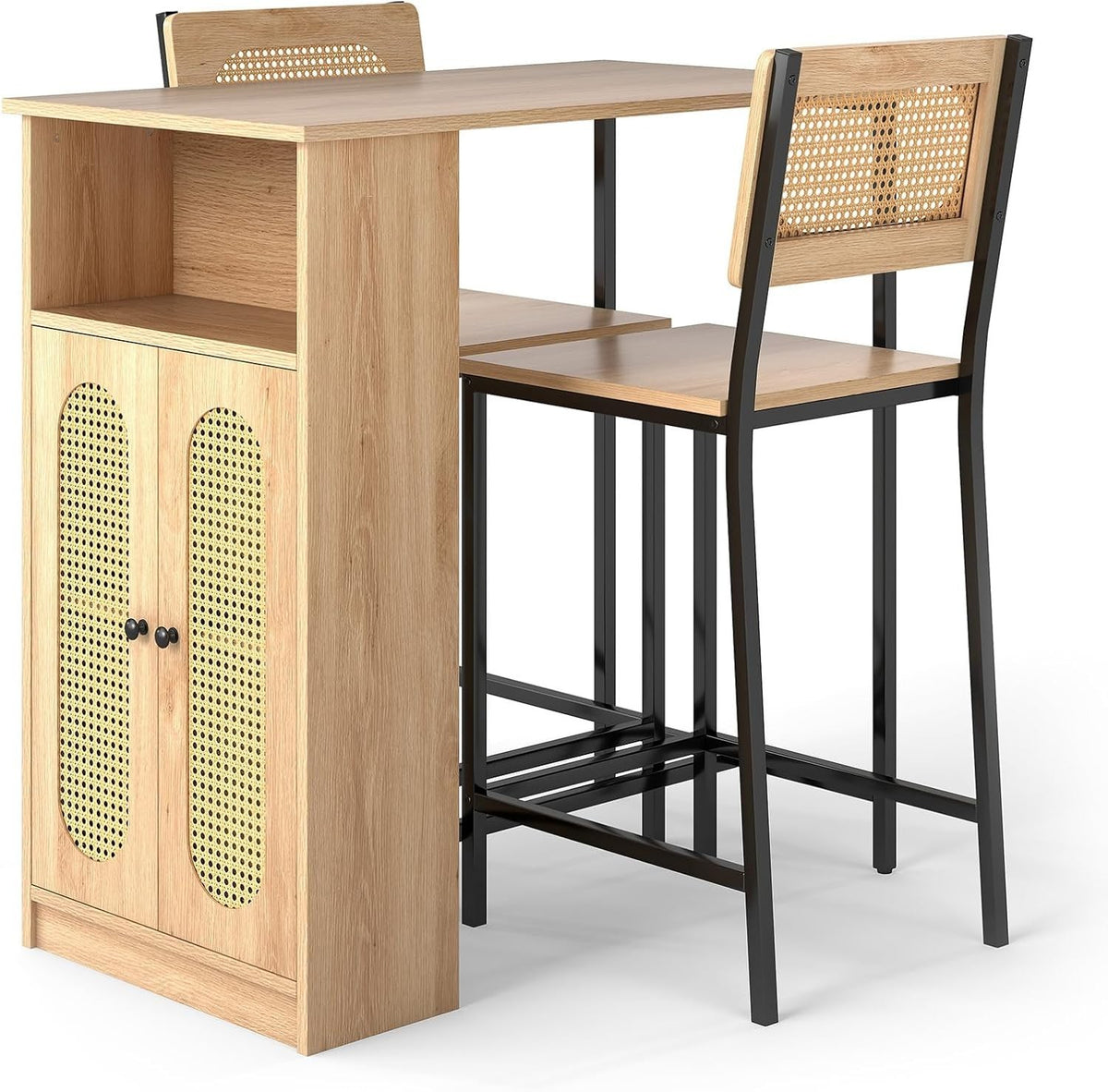 Bar Table Set with Storage Shelves & 2 Stools, Compact Rustic Breakfast Bar