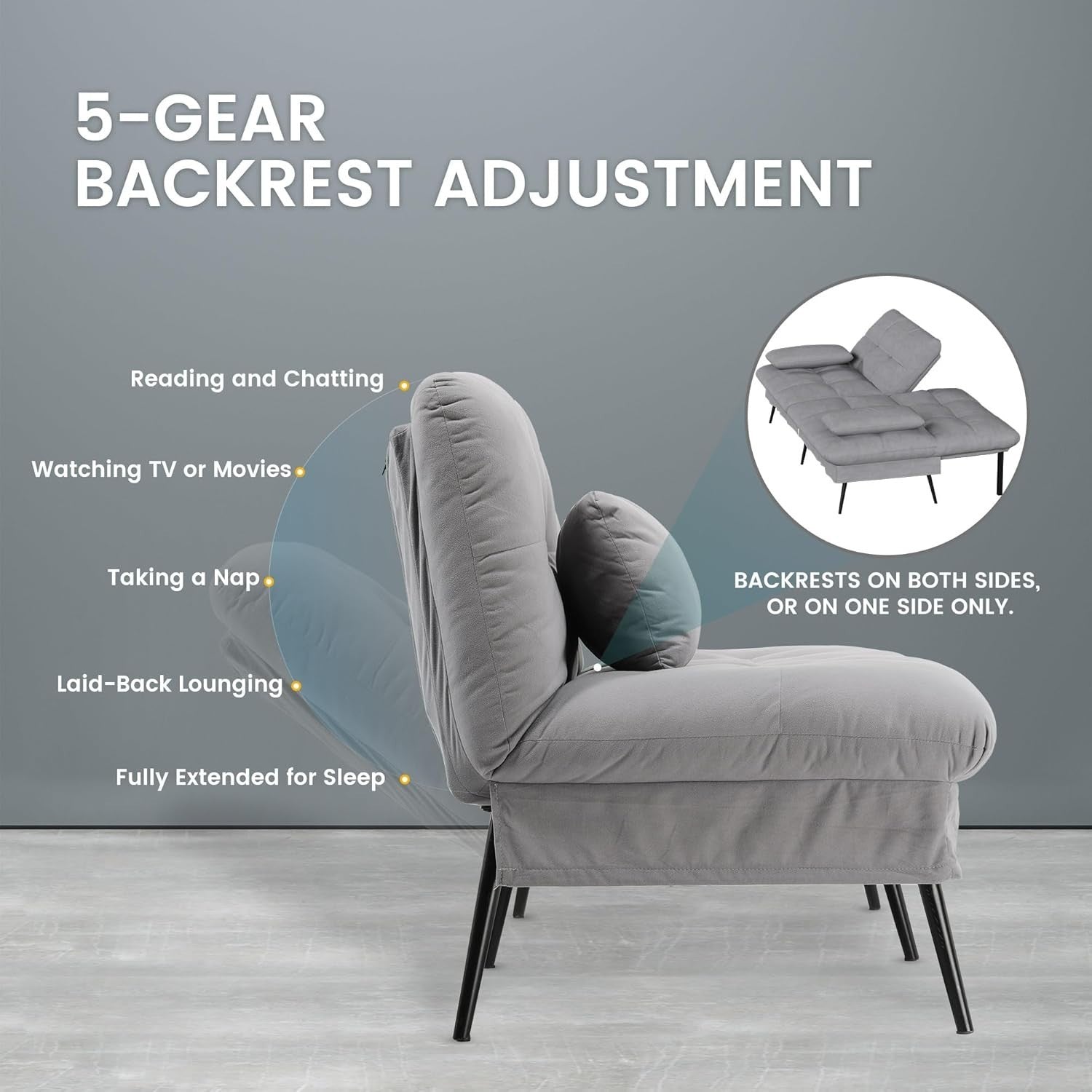 3 Seater Grey Sofa Bed Fabric Futon Couch Adjustable Back Guest Room