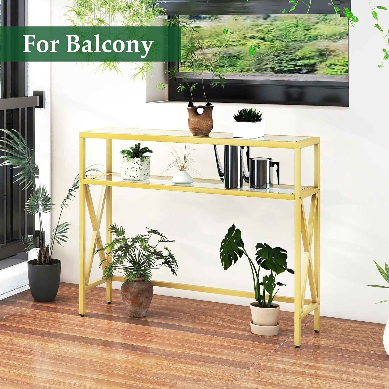 Tempered Glass Console Table with Adjustable Feet & Metal Frame, Gold