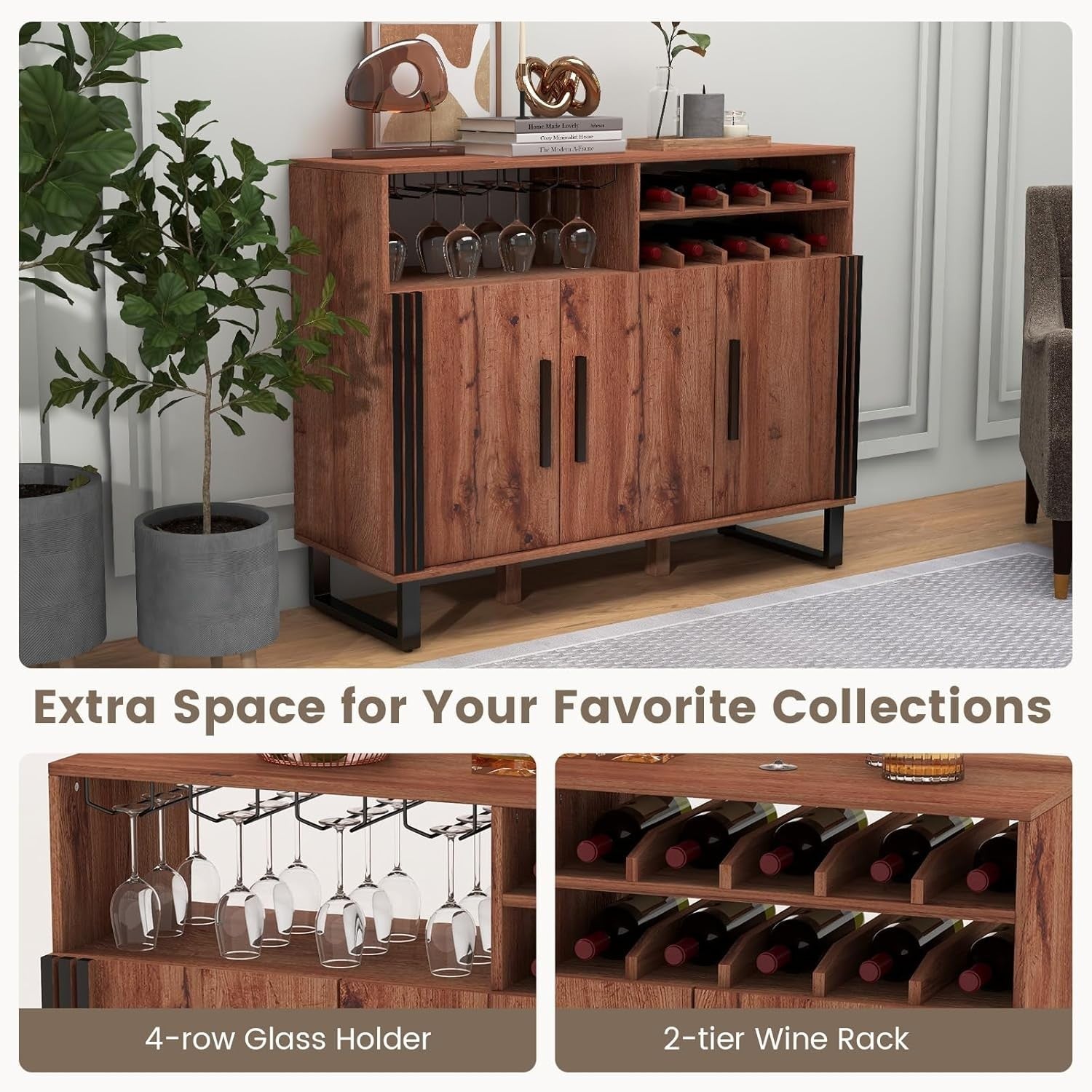 Rustic Sideboard Wine Bar Cabinet with 2-Tier Wine Rack & Glass Holder, 3 Door