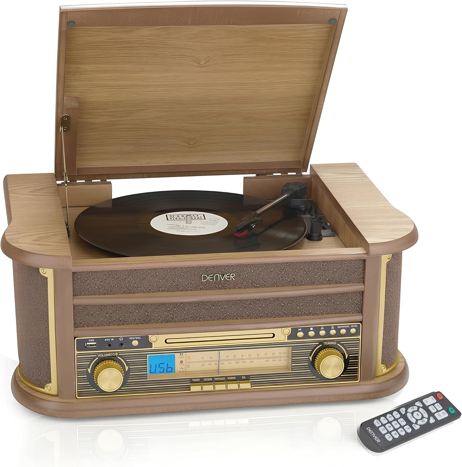 8-in-1 Retro Wooden Music System Vinyl CD Cassette Bluetooth USB MP3 Recorder