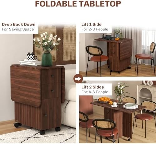 Folding Drop Leaf Dining Table on Wheels with Storage Drawers Cabinet Distressed