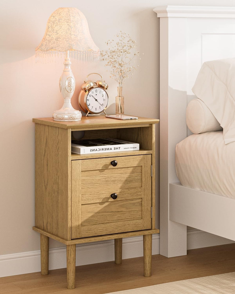 Light Oak Wooden Bedside Table with Door & Open Shelf | Modern Rustic Nightstand