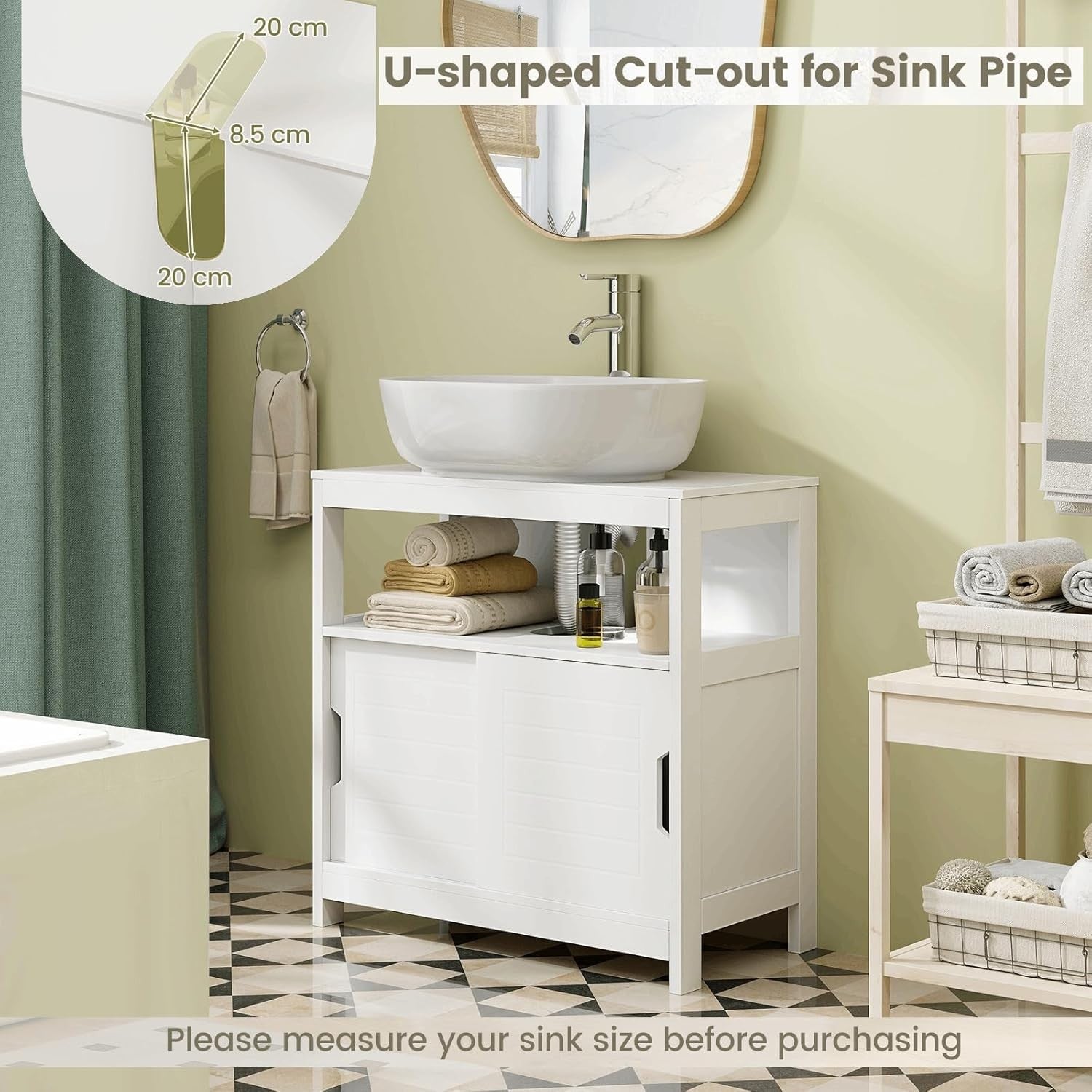 White Under Sink Bathroom Cabinet – Sliding Door Vanity Storage Unit 60x60cm