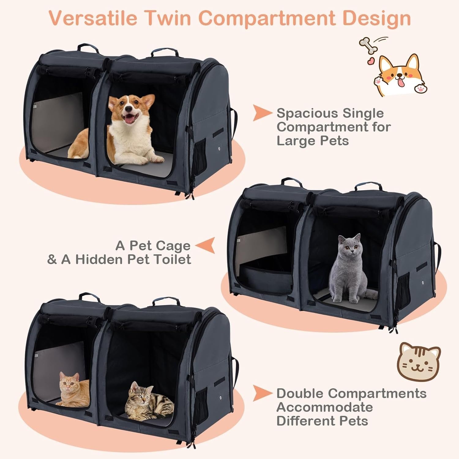 Foldable Pet Carrier 2-in-1 Cat Dog Travel Crate with Hammocks & Litter Box
