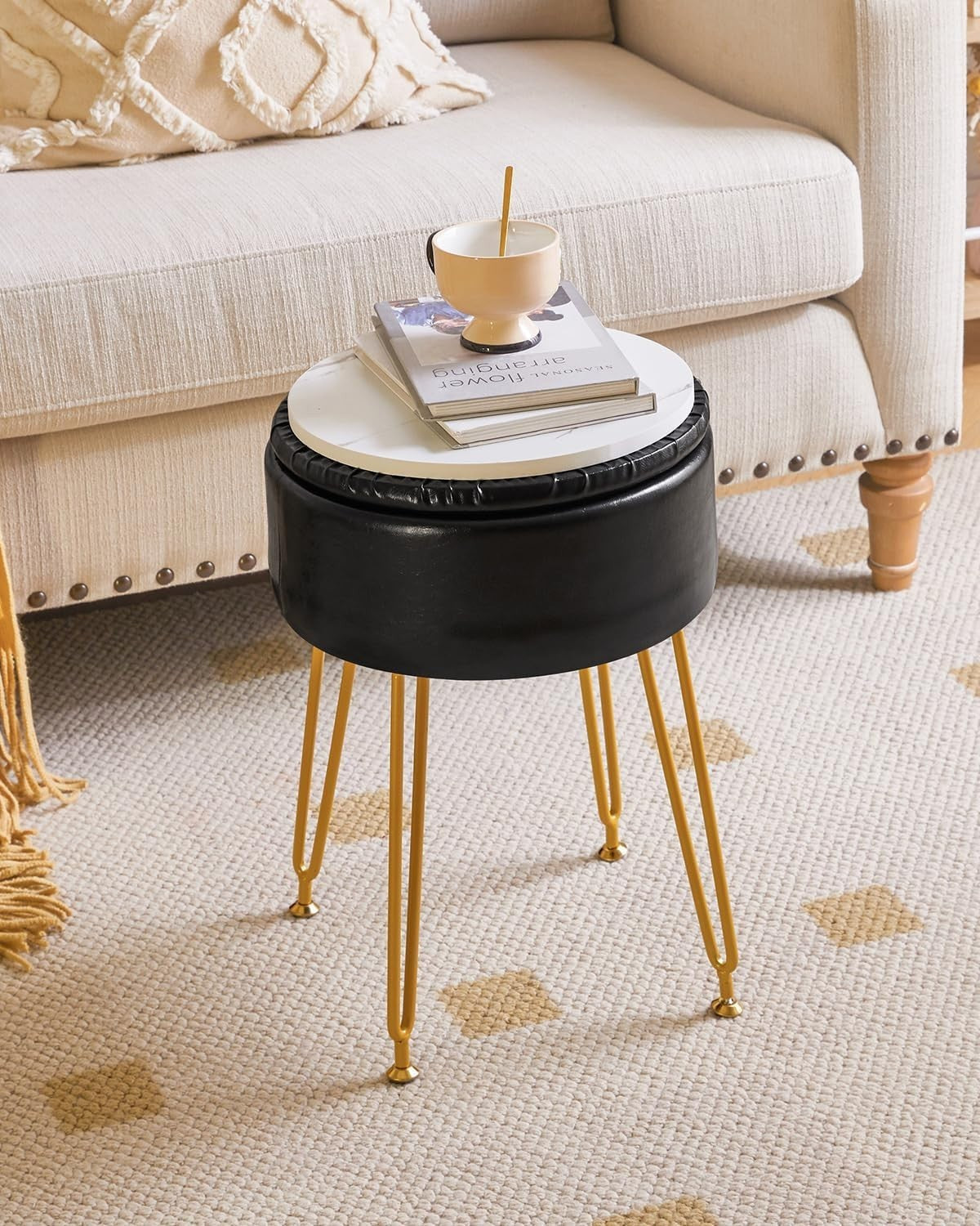 Black Faux Leather Round Stool with Storage – Vanity Seat & Footrest