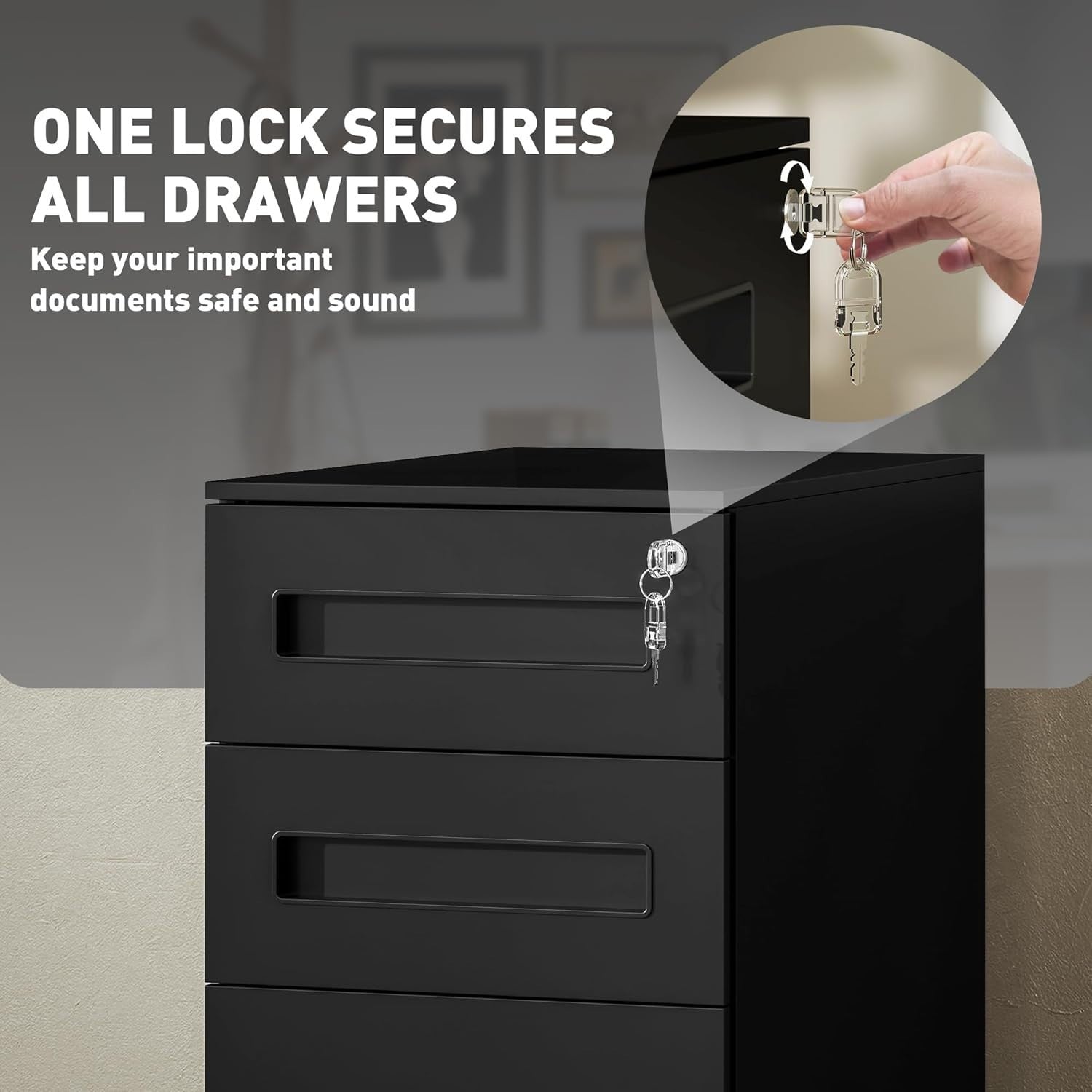 Black 3 Drawer Lockable File Cabinet 30x43.5x60cm Mobile Cabinet