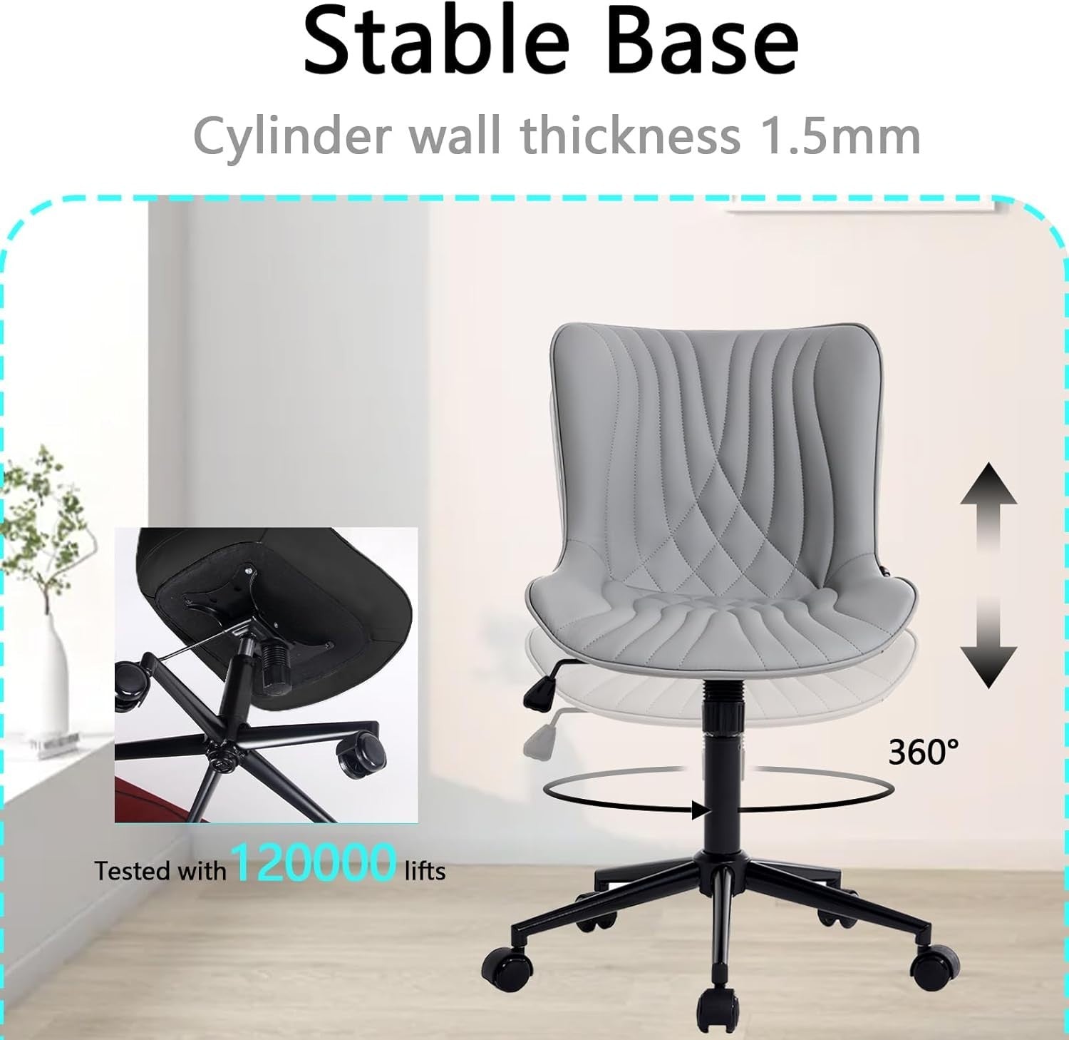 Ergonomic Grey Office Chair Adjustable Height Swivel Faux Leather Desk Seat