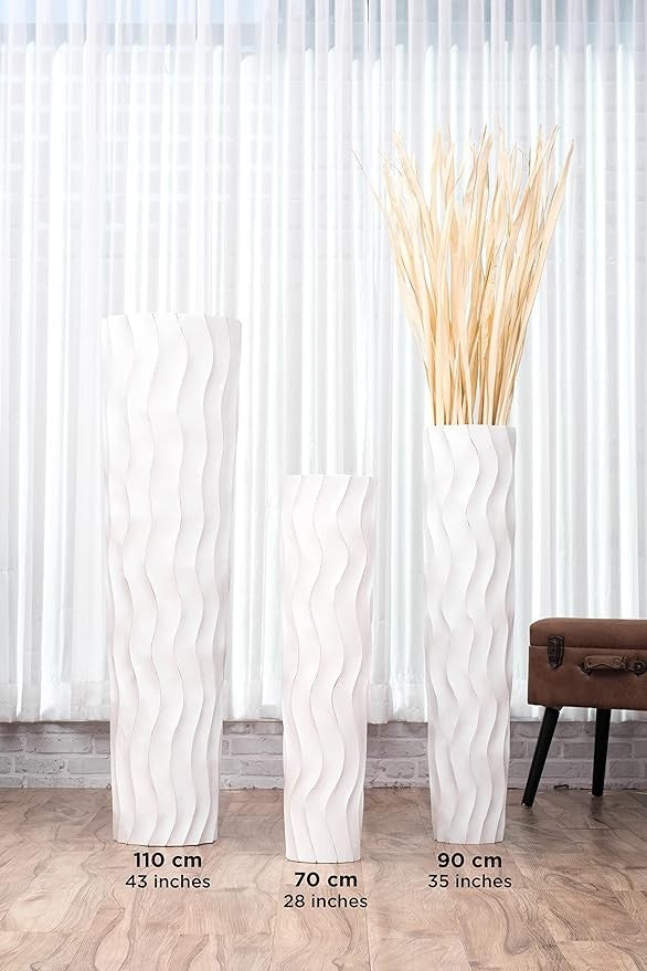 Large White Floor Vase 85cm Tall Wooden Decorative Vase for Pampas Grass