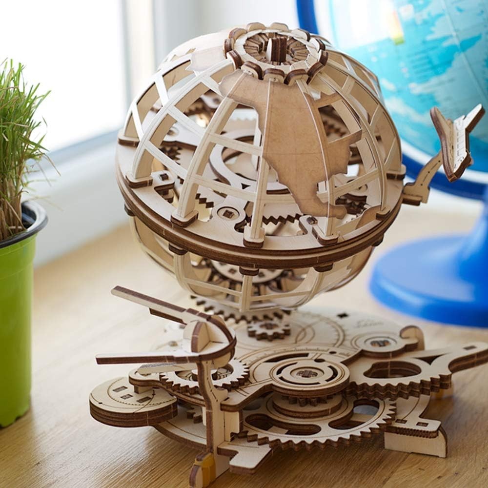 3D Wooden Earth Globe Puzzle Kit with Rotating Satellites - 184 Pieces