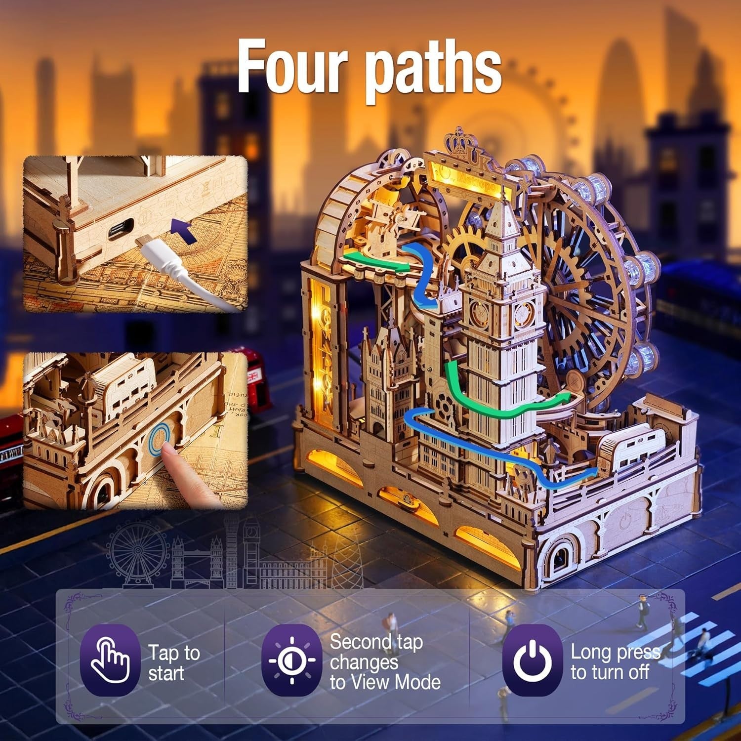 3D Wooden London Landmark Puzzle with Marble Track & LED Lights