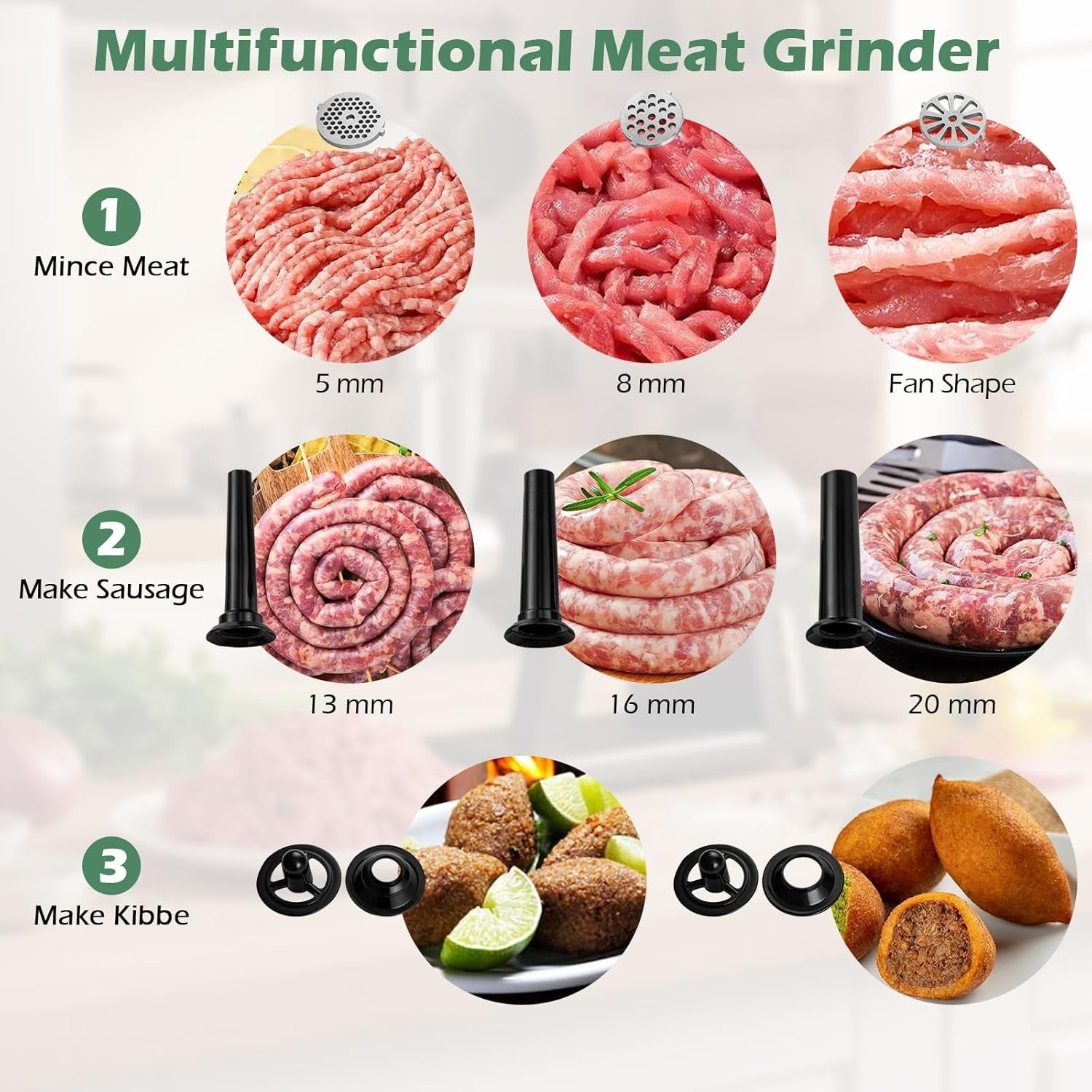 2000W Electric Meat Grinder Sausage Maker Mincer 3 Plates Kibbe