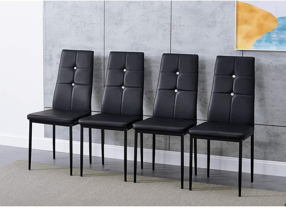 Black 4-Seater Glass Dining Table Set with PU Leather Chairs Compact