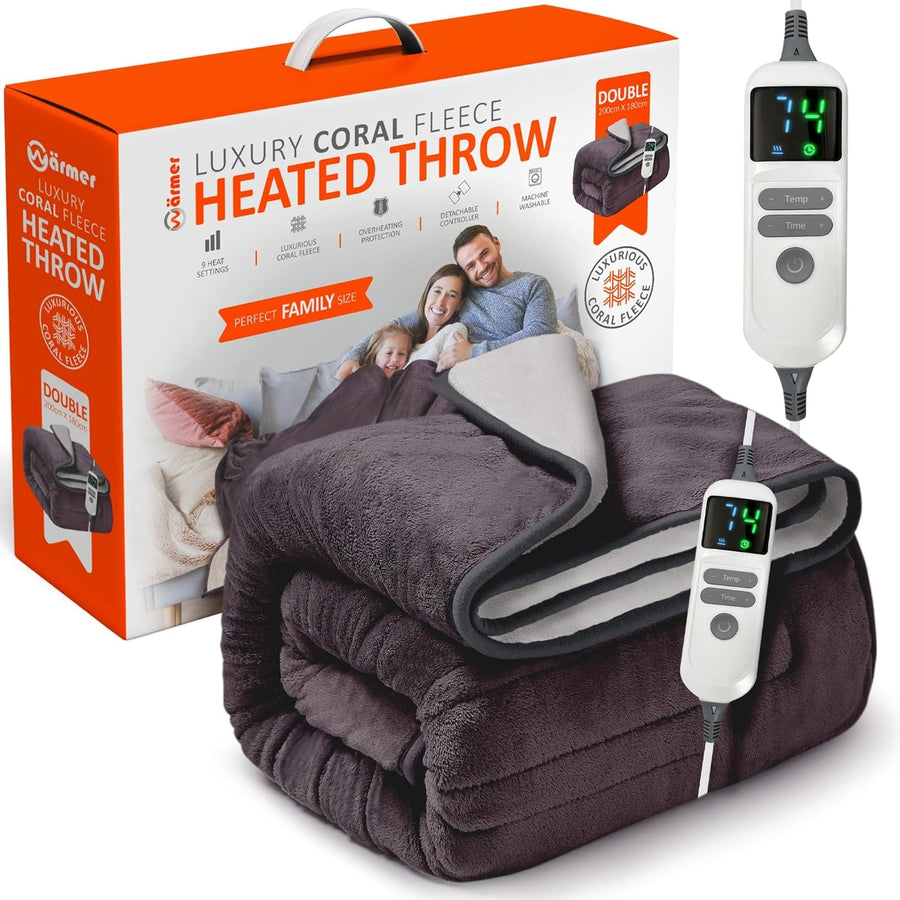 Electric Heated Throw Blanket Double 200x180cm 9 Heat Settings Auto Shut Off