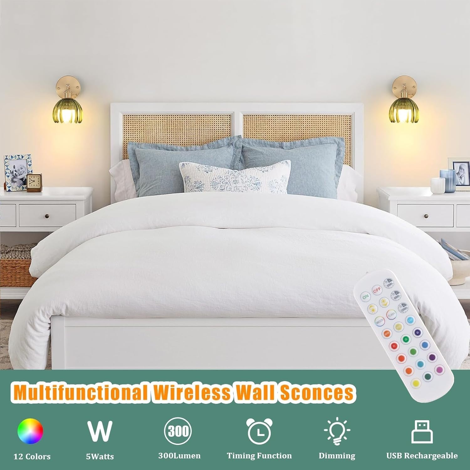 Set of 2 Rechargeable Wall Sconces with Remote, 12 Color Dimmable LED