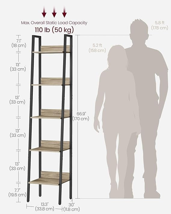 5-Tier Narrow Ladder Shelf Tall Rustic Bookcase Industrial Storage Unit