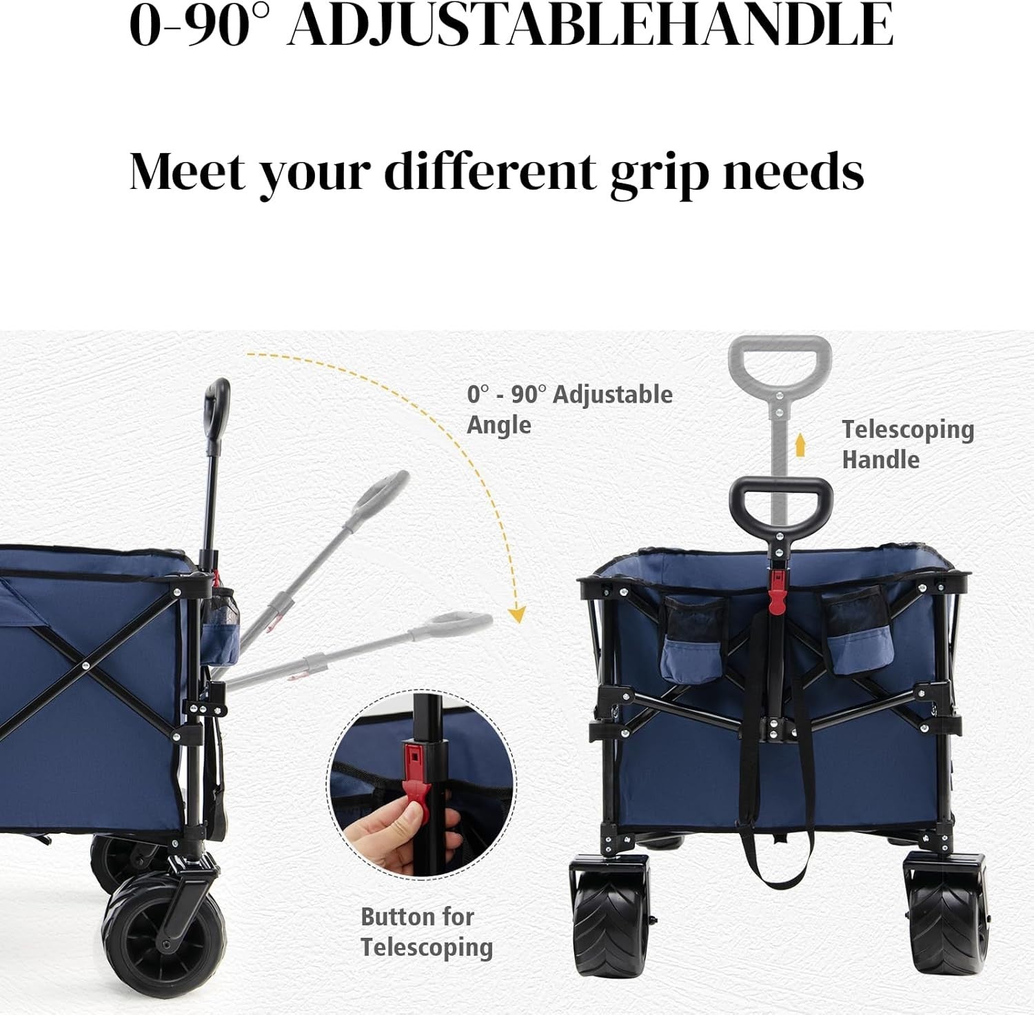 Blue Foldable Wagon Cart Collapsible Garden Utility Trolley w/ Adjustable Handle